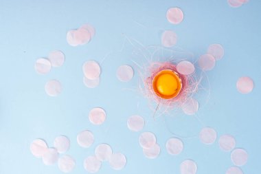 Yumurta kabuğu kırık yumurta sarısı pembe sisal yuva ile dekore edilmiş bir