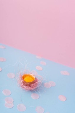Yumurta kabuğu kırık yumurta sarısı pembe sisal yuva ile dekore edilmiş bir