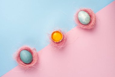 Kırık yumurta yumurta kabuğu ve iki mavi yumurta sarısı ile dekore edilmiş 