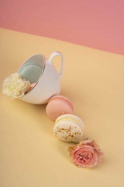 Çok renkli kurabiye pasta tomurcukları ile birlikte bir fincan yerleştirilir 