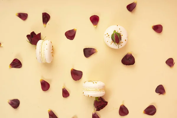 Tres pasteles de macarrones blancos ingeniosamente dispuestos entre los brotes y —  Fotos de Stock