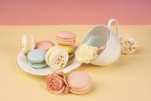 Multicolored macaroons cake are placed in a saucer and a cup alo — Stock Photo, Image