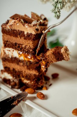Cam bir tabakta çeşitli kurabiye ve fındıkla süslenmiş çikolatalı pasta ve leylak ve yeşil yapraklardan oluşan beyaz çiçekler arasında badem kurabiyesi. Yemek fotoğrafçılığı. Reklamcılık ve ticari yakın plan tasarımı