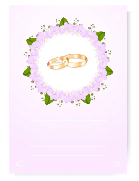 Gold Wedding Rings White Background Circular Frame Pink Orchids Light — Stock Vector