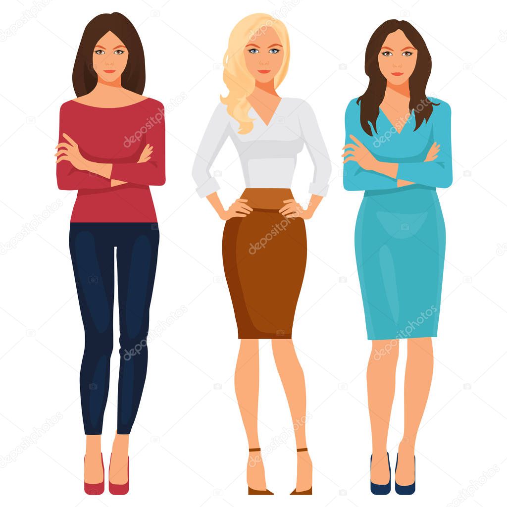 Beautiful young women in elegant office clothes. Vector illustration.