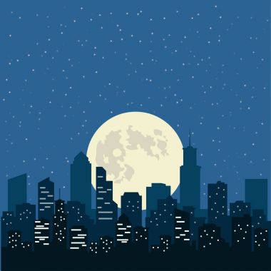 Gece gökyüzü illüstrasyon şehri sarı Moon ile.