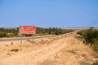 Asfalt karayolu gorizon ve kırmızı bir çizgi ile çölde
