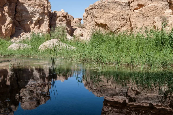 Een grote kloof met een rivier en reflecties van rotsen — Stockfoto