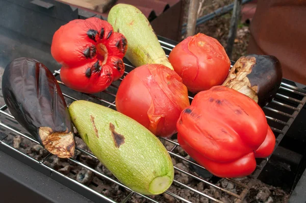 Wokade grönsaker, tomater, zucchini och aubergine är på grillen — Stockfoto