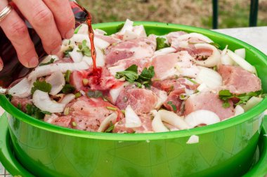 Çiğ et şiş kebap için yeşil maydanoz ile Marine için nar suyu döktü