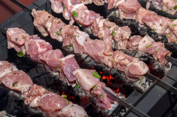 Raw marinated meat cut into pieces on a skewer over the coals