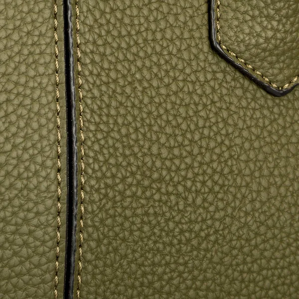 The texture of two cross-linked halves of hard green skin with a neat black stitch and valve for the handle on the right — Stock Photo, Image