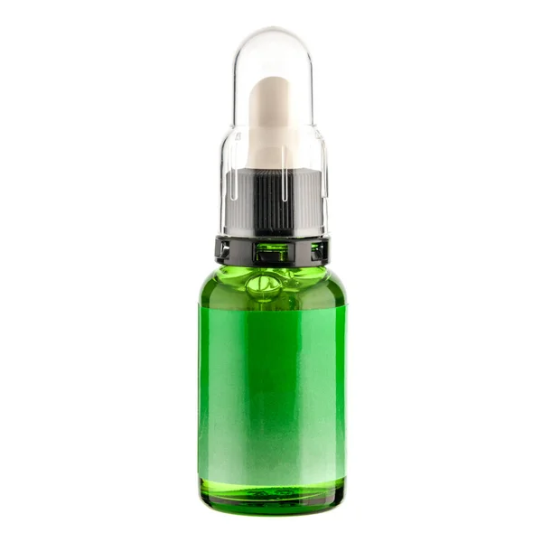 Geschlossene transparente kosmetische oder medizinische Blase mit hellgrüner Flüssigkeit und Kunststoffdeckel isoliert auf weißem Hintergrund — Stockfoto