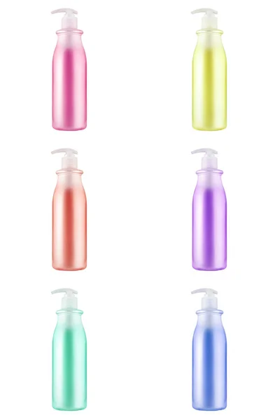 Шесть косметических бутылок с разноцветными жидкостями крупного плана — стоковое фото