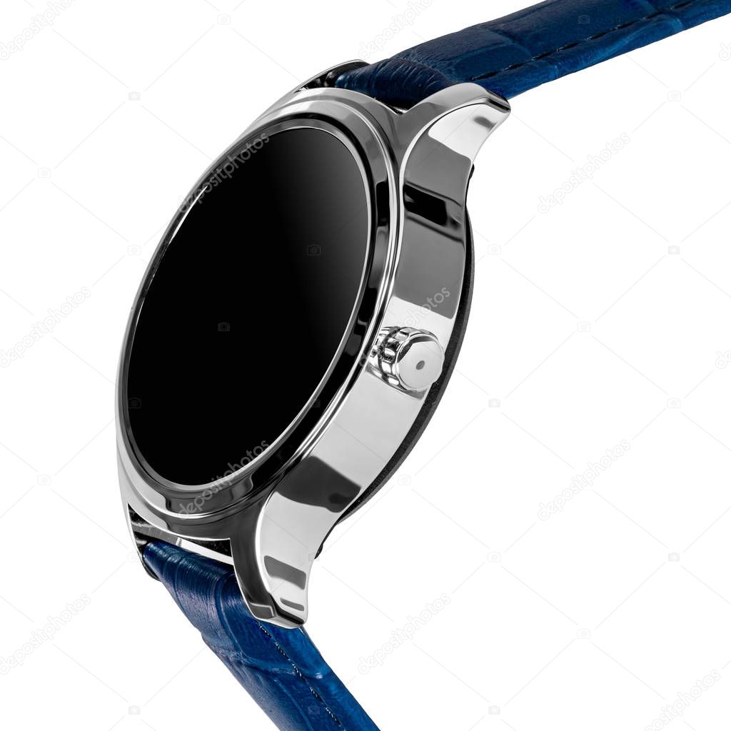 Wireless smart watch in a round shiny silver case and a blue leather strap