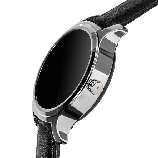 Wireless smart watch in a round shiny silver case and a black leather strap isolated on white — 스톡 사진