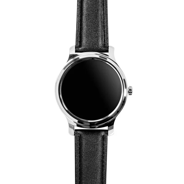 Беспроводные умные часы в круглом блестящем серебристом футляре и черном кожаном ремешке — стоковое фото