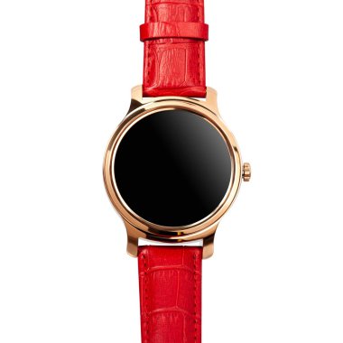 Yuvarlak altın bir çantada kablosuz akıllı saat ve kırmızı deri kayış.