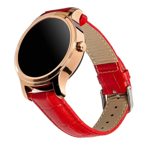 Relógio inteligente sem fio em uma caixa redonda de ouro brilhante e uma pulseira de couro vermelho — Fotografia de Stock