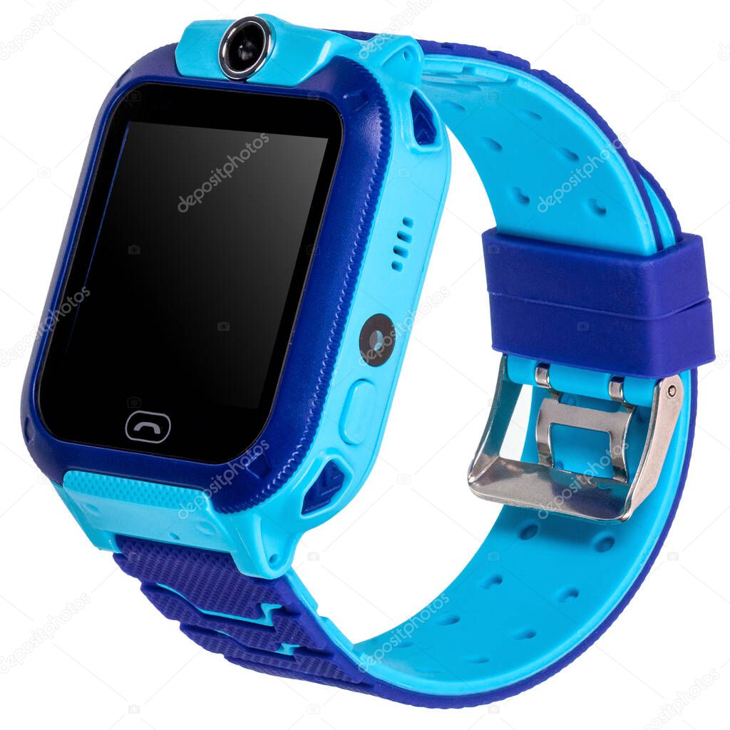 Smart watch for children boy with a flat blank black screen for inscriptions, a call button, a video camera with blue silicone strap