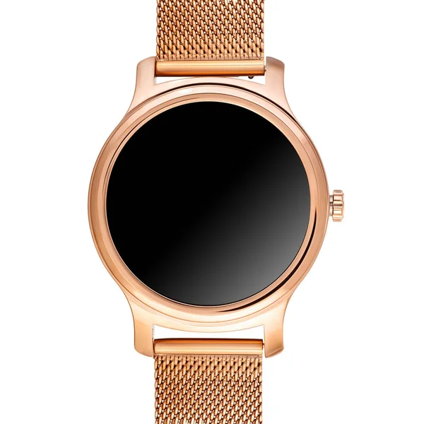 Orologio intelligente senza fili in una cassa rotonda in oro lucido e un cinturino in metallo — Foto Stock