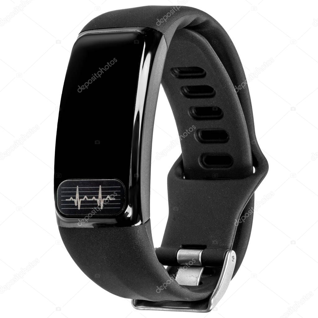 Smart fitness bracelet with pulse measurement, black silicone strap and blank screen for a logo or inscription hanging in the air isolated on a white background. Three quarter view