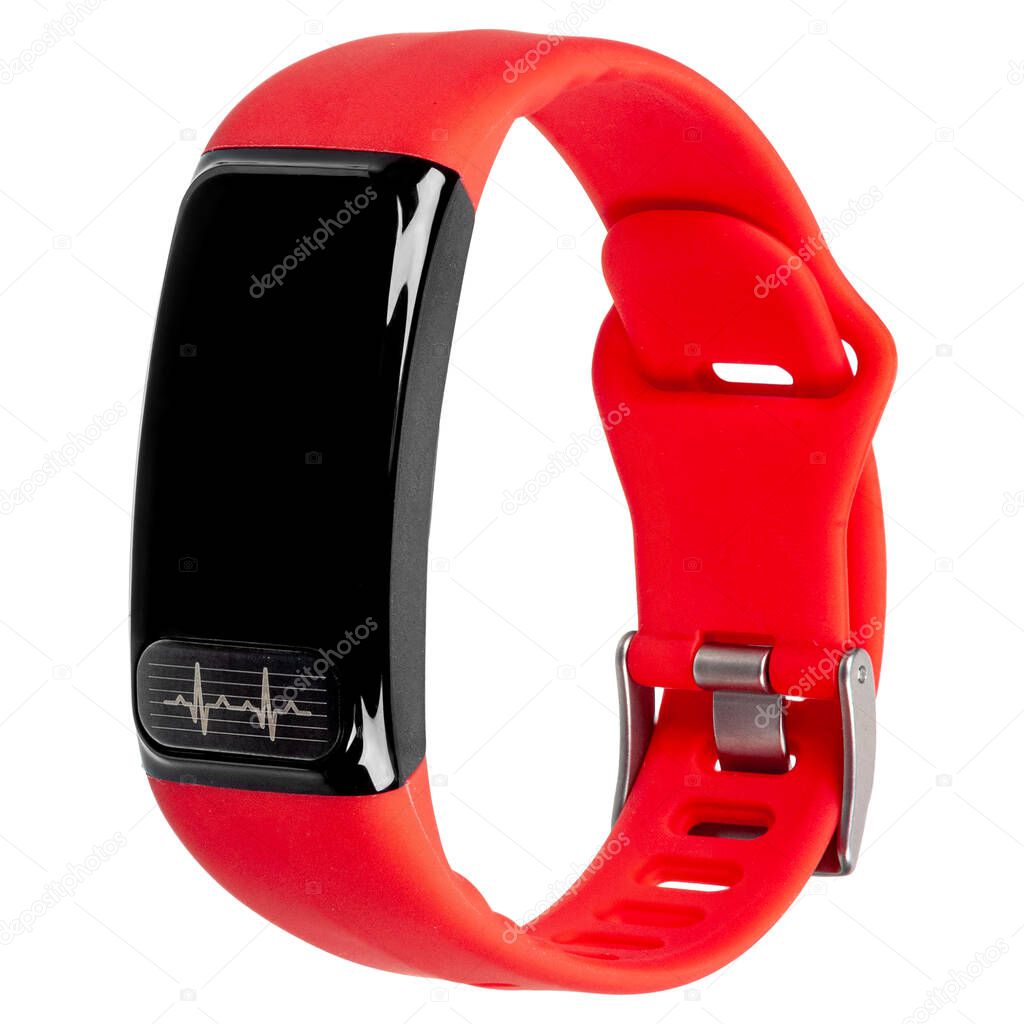 Smart fitness bracelet with pulse measurement, red silicone strap and blank screen for a logo or inscription hanging in the air isolated on a white background. Three quarter view