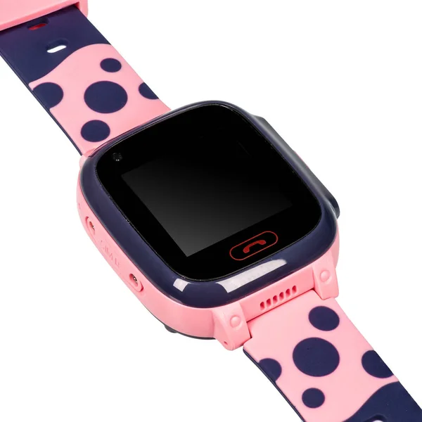 Smart watch for children girl with a flat blank black screen for inscriptions, a call button, a video camera with pink silicone strap isolated on white background. Diagonal view