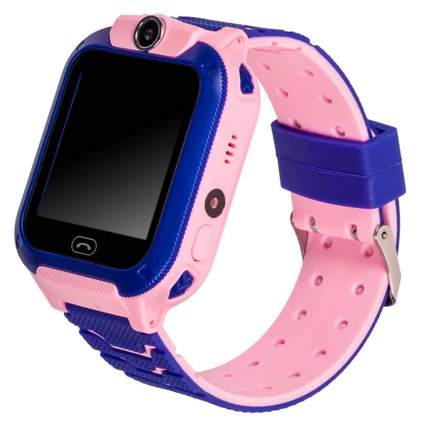 Smart watch for children with a flat blank black screen for inscriptions, a call button, a video camera with blue and pink silicone strap isolated on white background. Three quarter view