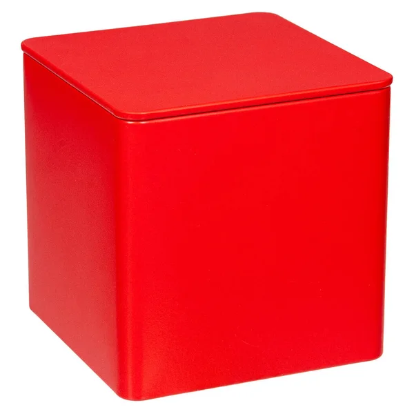 Red Metal Gift Box Closed Lid White Background Empty Sides — Stock Photo, Image