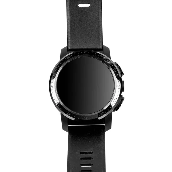 无线智能手表在圆圆的光滑黑色外壳与数字的边缘 按钮和相机和硅胶带白色背景 — 图库照片