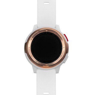 Yuvarlak bir mat altın çantasındaki kablosuz akıllı saat üzerinde numaralar ve beyaz bir arka planda silikon kayış. Ön görünüm