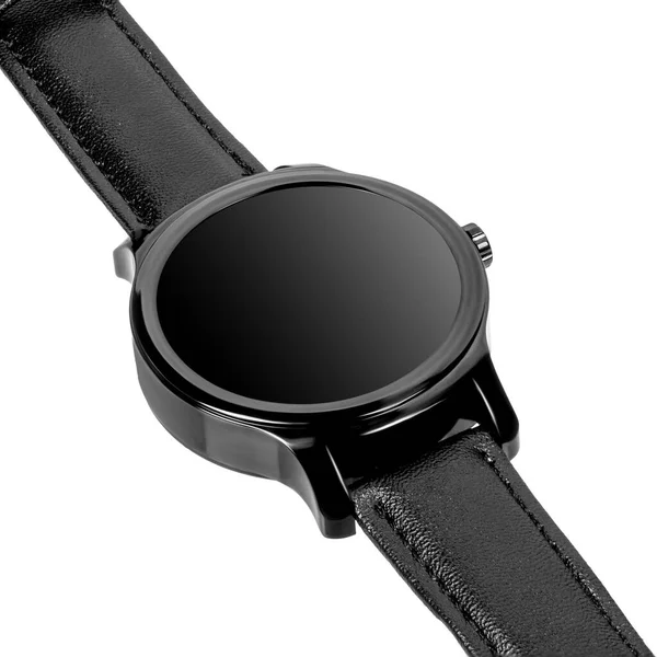 Montre Intelligente Sans Fil Dans Boîtier Rond Noir Brillant Bracelet — Photo