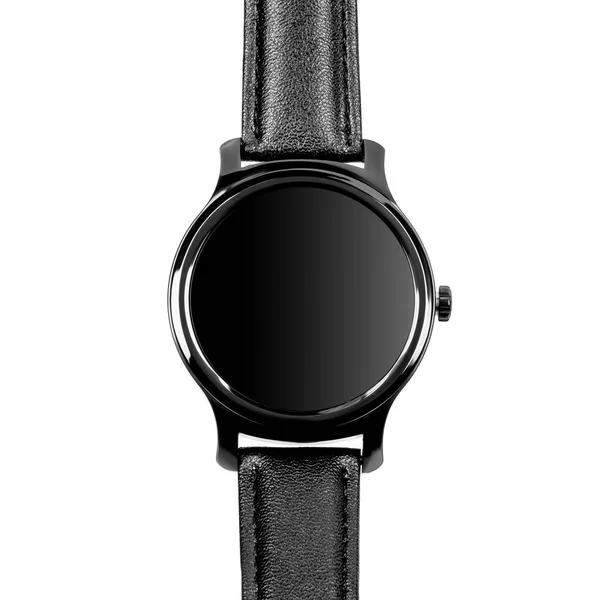 Bezprzewodowy Inteligentny Zegarek Okrągłym Błyszczącym Czarnym Etui Czarny Skórzany Pasek — Zdjęcie stockowe