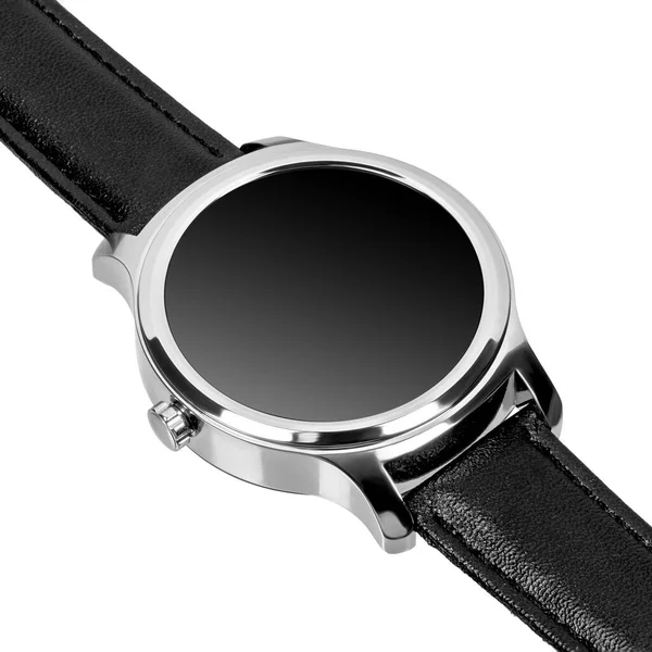 Bezprzewodowy Inteligentny Zegarek Okrągłym Błyszczącym Srebrnym Etui Czarny Skórzany Pasek — Zdjęcie stockowe