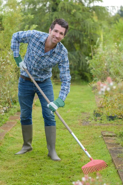 Homem raking gramado e homem — Fotografia de Stock