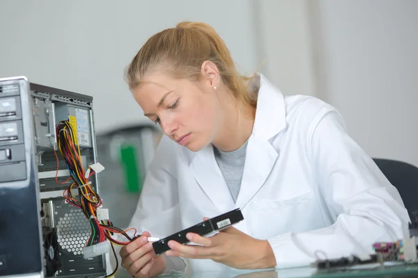 Técnico informático que fija una placa base — Foto de Stock