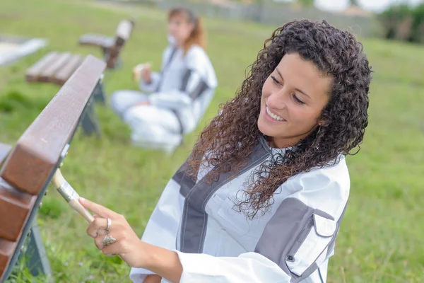 Pintor feminino pintando o banco — Fotografia de Stock