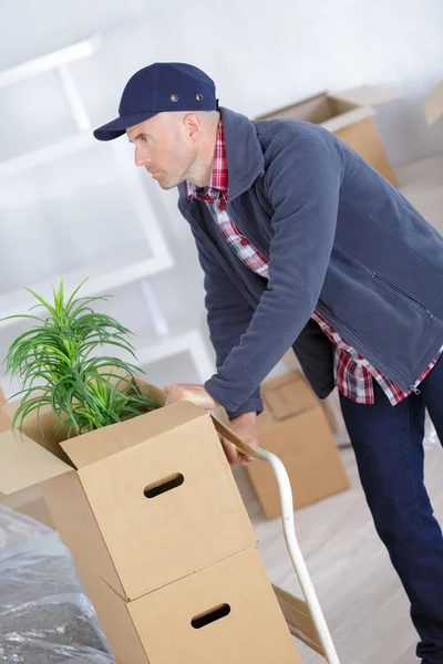 Uomo spingendo pila di scatole in movimento sul camion mano — Foto Stock