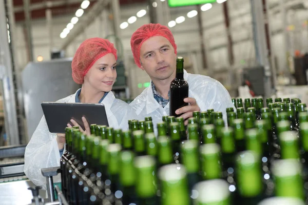 Retrato de cerveceros comprobando cervezas en la cervecería —  Fotos de Stock