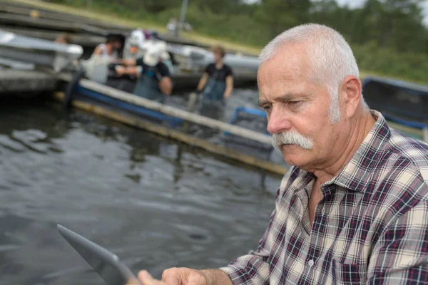 Fiskodlingen ägaren hantera hans team — Stockfoto