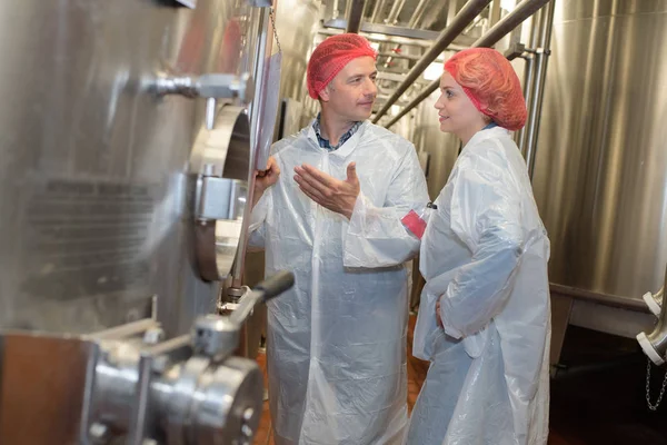 Coworker controlling wine in a cellar — Stock Photo, Image