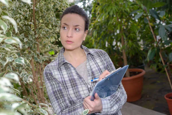 Mujer con portapapeles controlando plantas en un centro de jardinería —  Fotos de Stock
