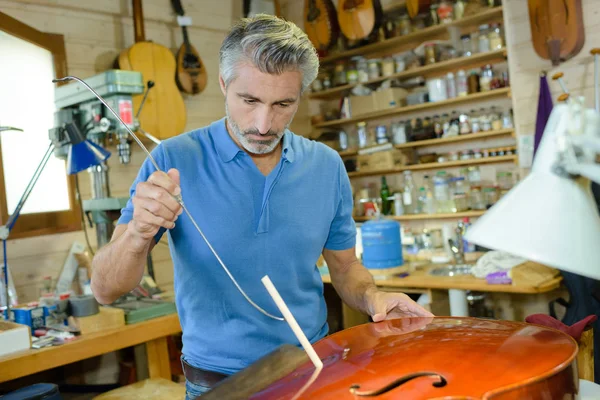 Fijación de un violonchelo y luthier —  Fotos de Stock