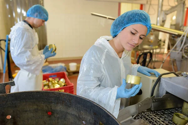 Trabalhadores da fábrica verificando alimentos enlatados na fábrica — Fotografia de Stock
