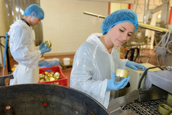 Fabrikarbeiter überprüfen Konserven in Fabrik — Stockfoto