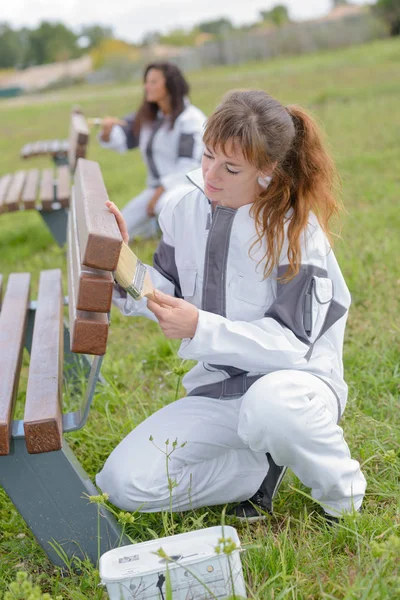 Kobiety, lakierowanie ławki — Zdjęcie stockowe