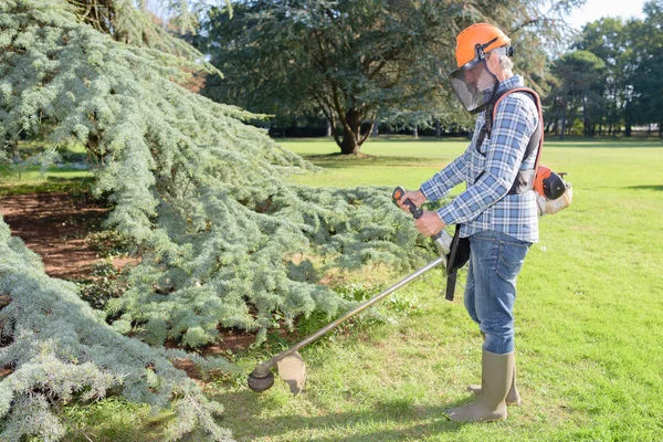 Lavoratore che utilizza un tosaerba portatile — Foto Stock