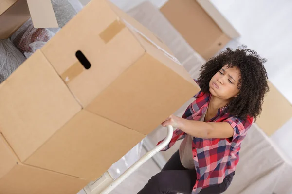 Personale di consegna femminile che trasporta scatola di cartone pesante del pacchetto — Foto Stock