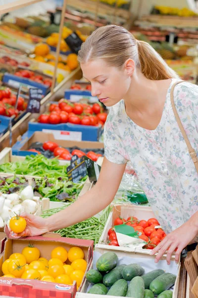 Frau kauft Tomaten ein — Stockfoto